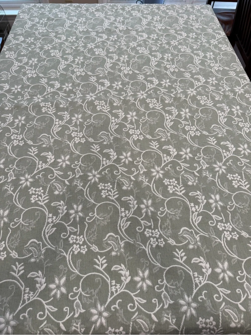 Floral Vine Jacquard Tablecloth sage green white reversible 83” x64” cotton blnd